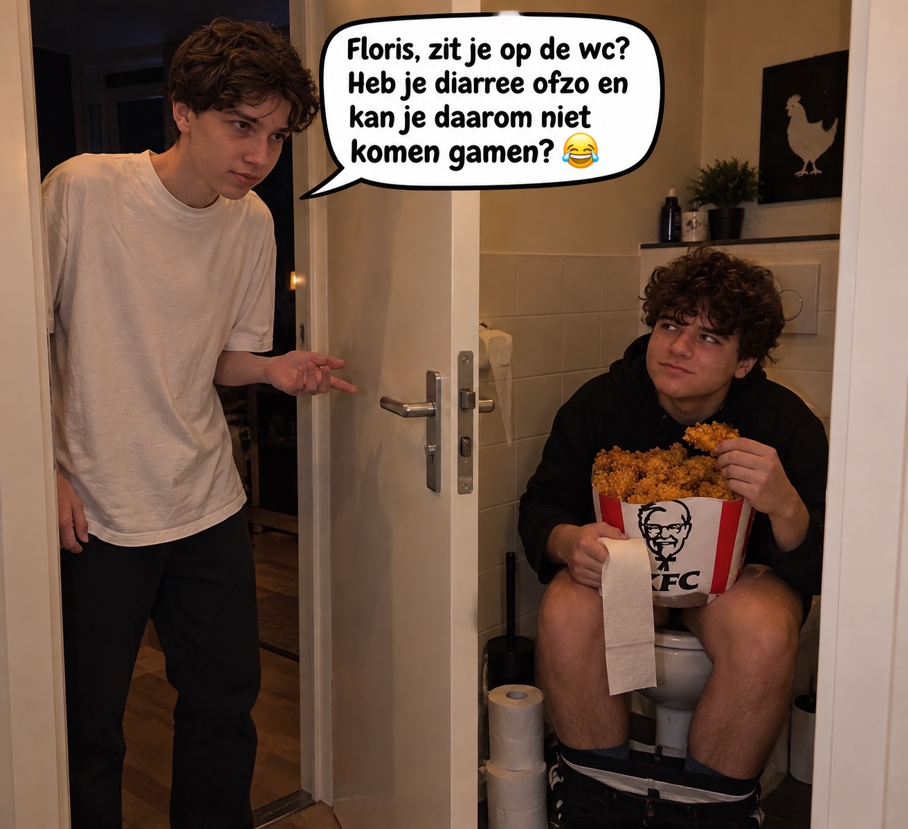 Olaf vraagt bij de wc of Floris diarree heeft en daarom niet kan gamen
