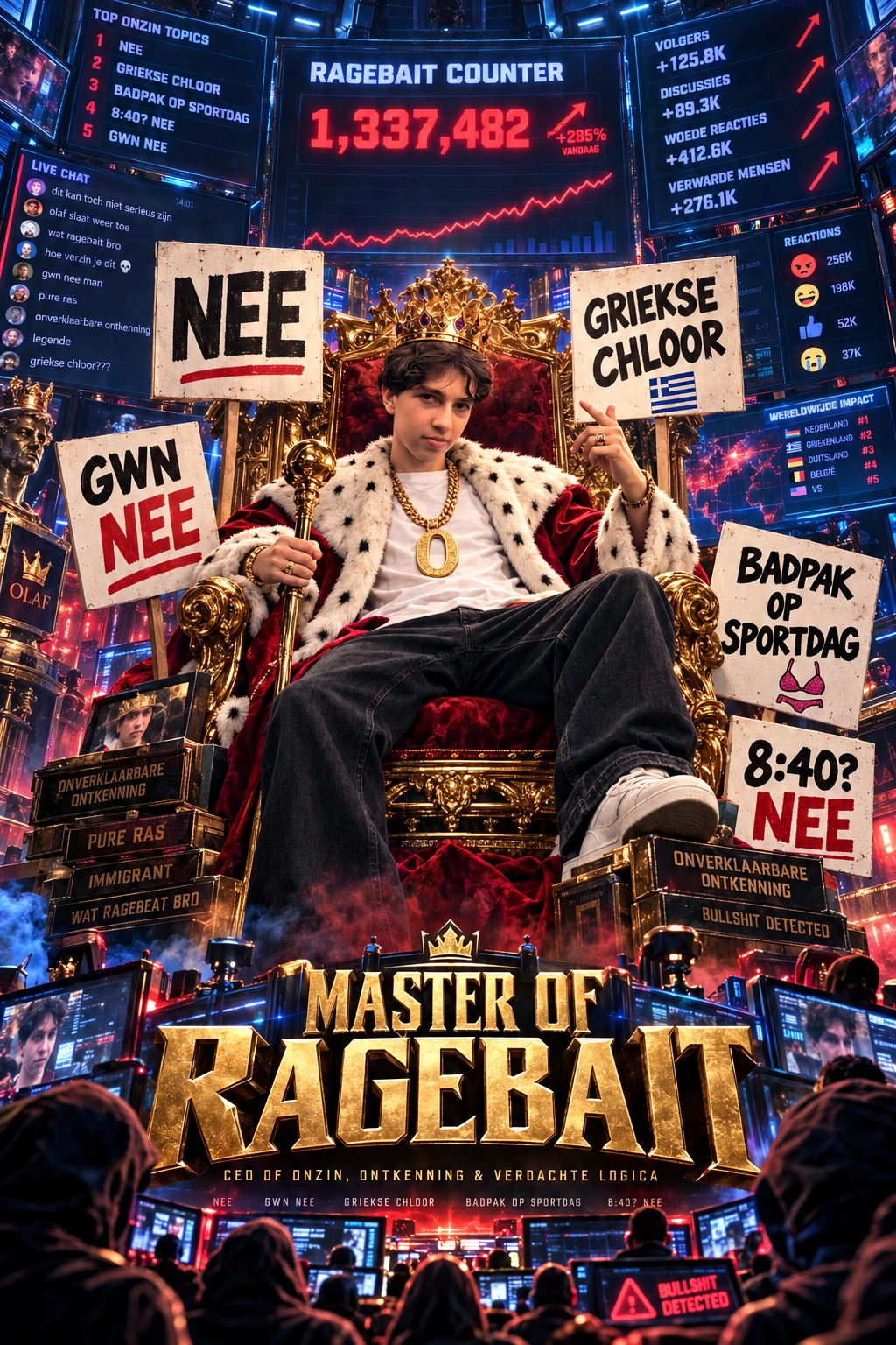 Olaf als Master of Ragebait op een troon